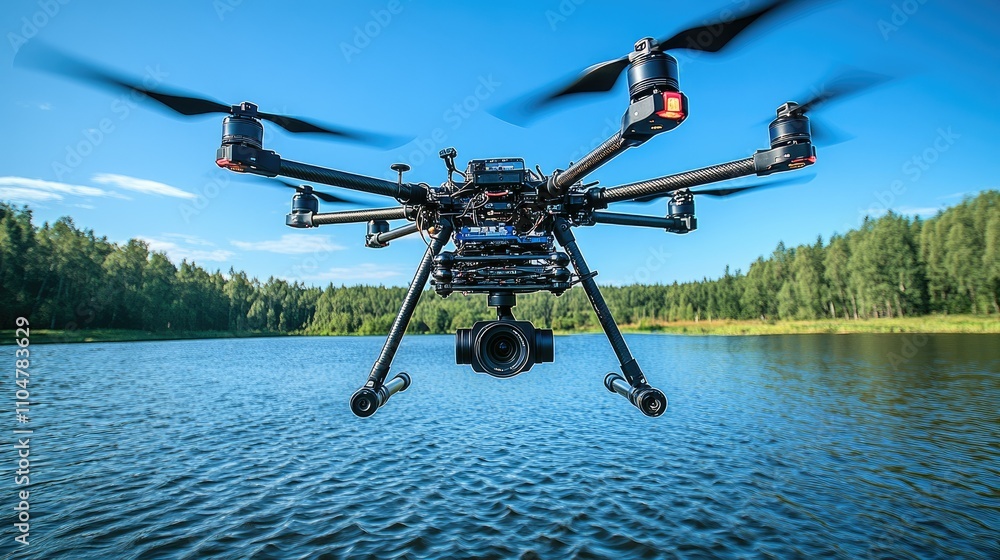 A drone equipped with a camera hovering over a serene lake surrounded by lush greenery. A drone equipped with a camera hovering over a serene lake surrounded by lush greenery.