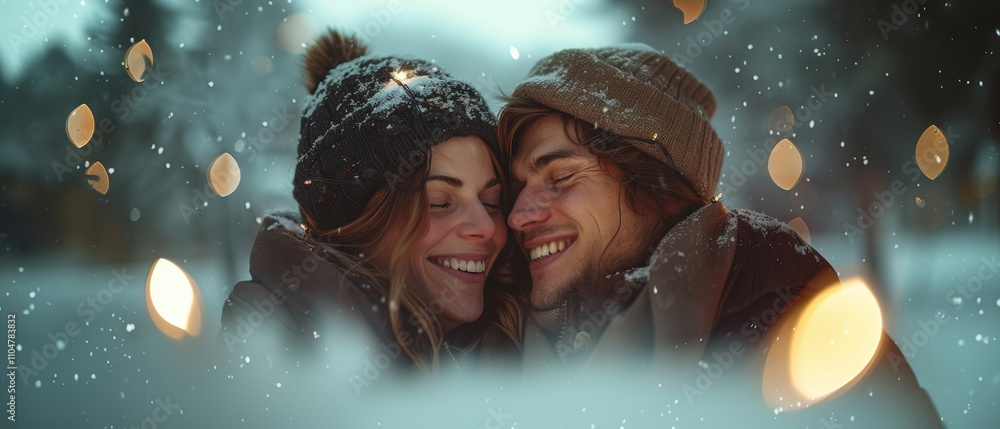 Couple enjoying a joyful moment while embracing in a snowy landscape during winter Couple enjoying a joyful moment while embracing in a snowy landscape during winter