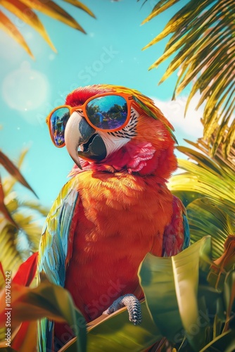 A parrot in sunglasses featured in a bright, colorful ad setting.