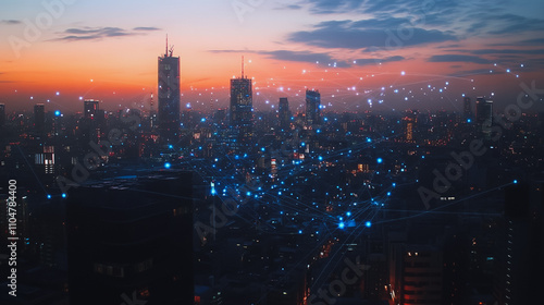 Smart digital city with connection cyber security network reciprocity over the twilight cityscape.future wireless digital city and social media networking systems that connects people within the city