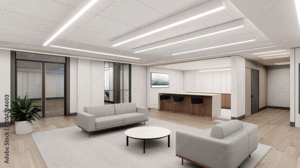 Fototapeta premium A modern office lounge featuring light-colored furniture, a coffee table, and large windows, promoting a bright and welcoming atmosphere.