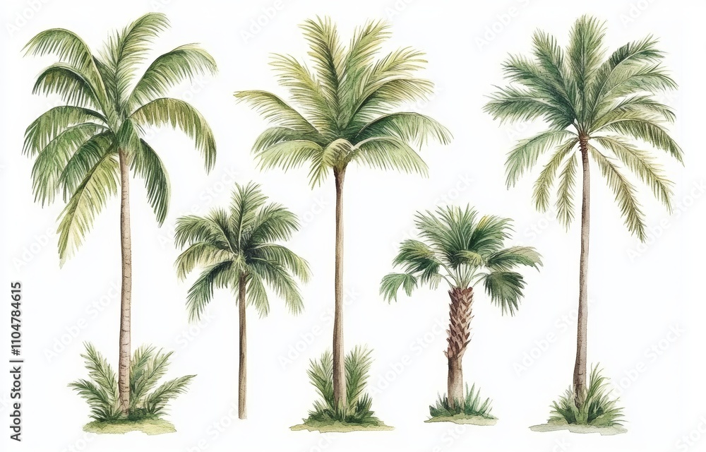 Watercolor illustration of palm trees tropical plants with lush green fronds on white background Watercolor illustration of palm trees tropical plants with lush green fronds on white background
