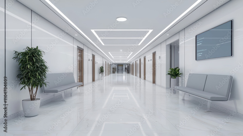 A modern, sleek hallway featuring minimalist design, white walls, shiny flooring, and potted plants, creating a clean and inviting atmosphere. A modern, sleek hallway featuring minimalist design, white walls, shiny flooring, and potted plants, creating a clean and inviting atmosphere.