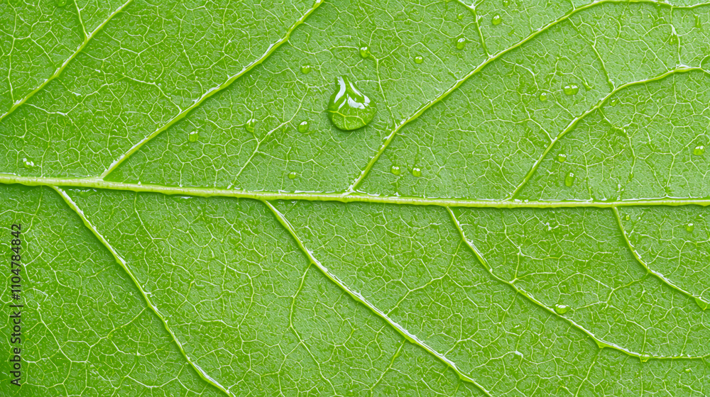 Fototapeta premium A close-up image of a green leaf showcasing its texture and a single water droplet resting on its surface.