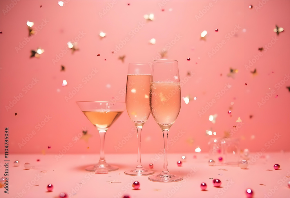 Celebrate with elegant cocktails in stylish glasses against pink backdrop, adorned with shimmering confetti and decorative elements, creating festive atmosphere Celebrate with elegant cocktails in stylish glasses against pink backdrop, adorned with shimmering confetti and decorative elements, creating festive atmosphere