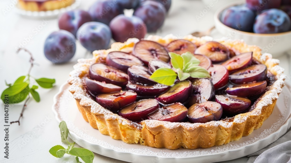 Plum tart served on a white plate. Plum tart served on a white plate.