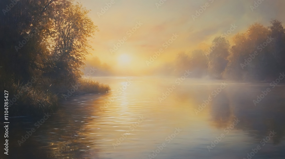 Fototapeta premium Early morning sky with mist rising from a calm river, the soft sun rays illuminating the mist