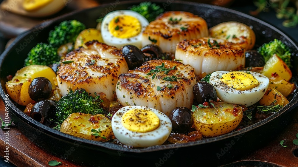 Seared Scallops with Roasted Potatoes Broccoli and Hard-Boiled Eggs in Cast Iron Skillet Seared Scallops with Roasted Potatoes Broccoli and Hard-Boiled Eggs in Cast Iron Skillet