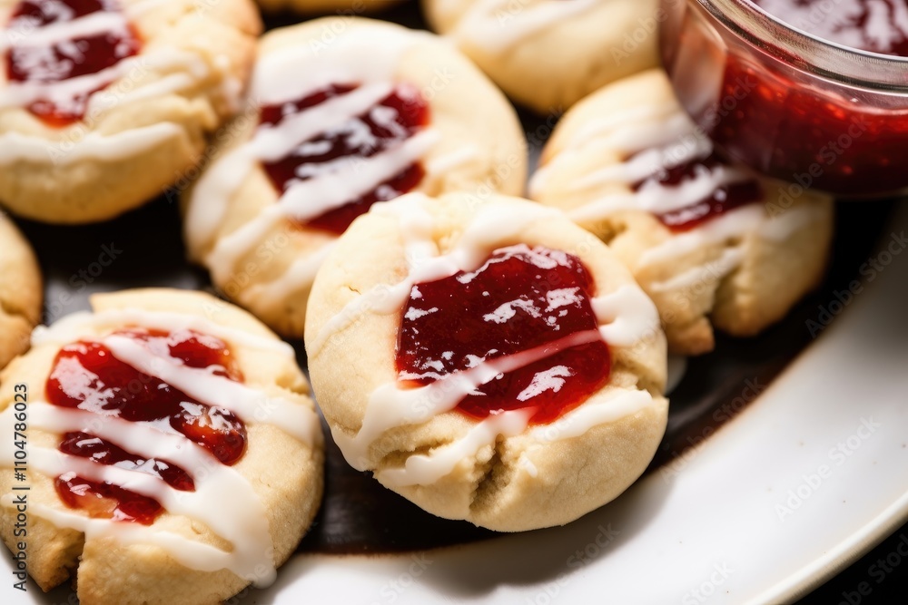 Vibrant Raspberry Jam Thumbprint Cookies with White Icing and a Classic Shortbread Base Vibrant Raspberry Jam Thumbprint Cookies with White Icing and a Classic Shortbread Base