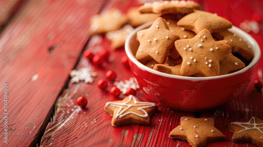 Fototapeta premium Christmas cookies in star-shaped bowl on red wooden background