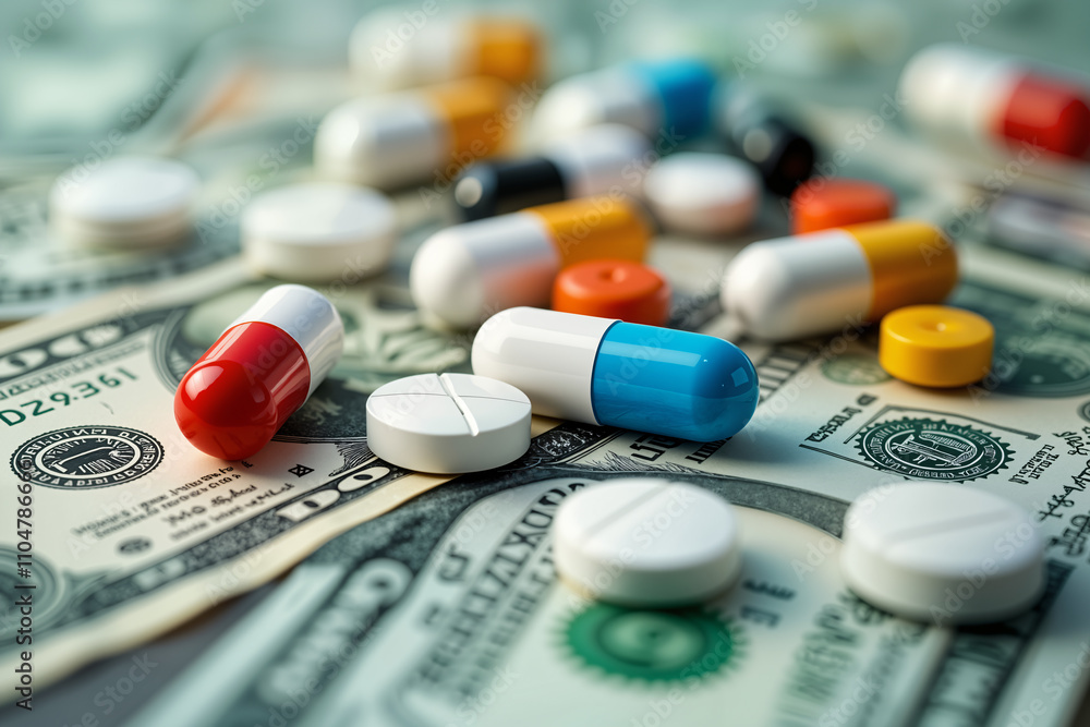 Various colorful pills and capsules are scattered across multiple overlapping US dollar bills, highlighting the intersection of healthcare and finance. Various colorful pills and capsules are scattered across multiple overlapping US dollar bills, highlighting the intersection of healthcare and finance.