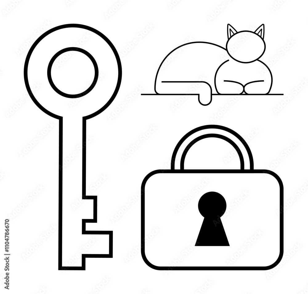Black outline of a key, cat, and padlock with keyhole. Ideal for security, simplicity, minimalism, pets, household objects vector art and modern design themes. Line metaphor Black outline of a key, cat, and padlock with keyhole. Ideal for security, simplicity, minimalism, pets, household objects vector art and modern design themes. Line metaphor