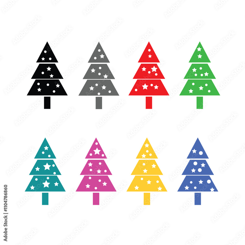 Fototapeta premium Simple Christmas Tree Icon with Star and Decorations, Holiday Graphic. colorful Christmas tree decorated. vector illustration.