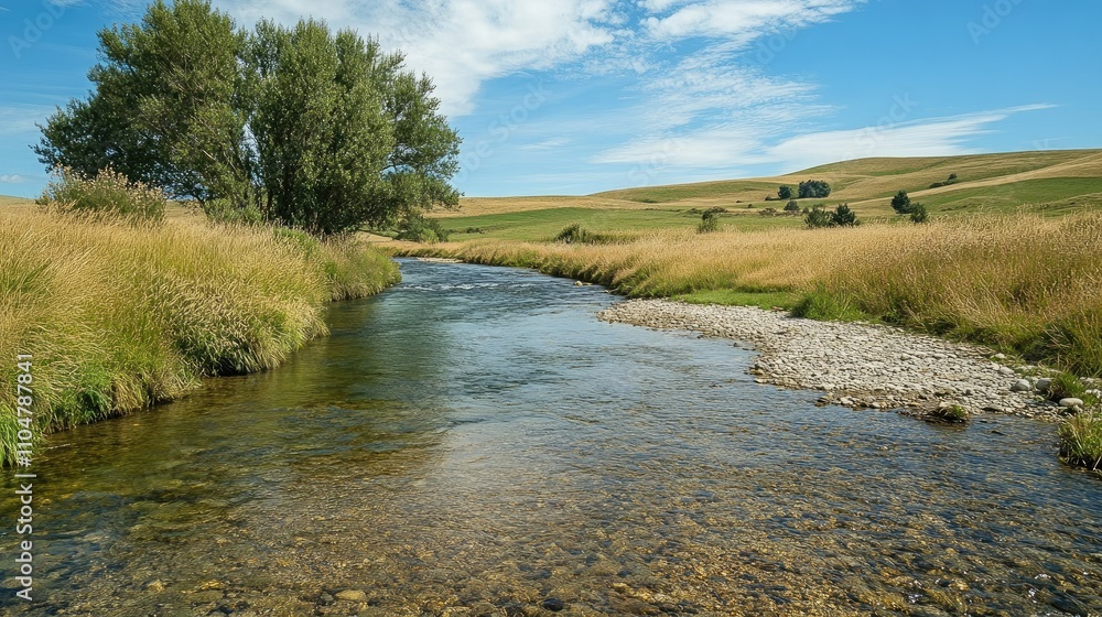 A serene river flows through grassy fields under a clear blue sky, showcasing natural beauty. A serene river flows through grassy fields under a clear blue sky, showcasing natural beauty.