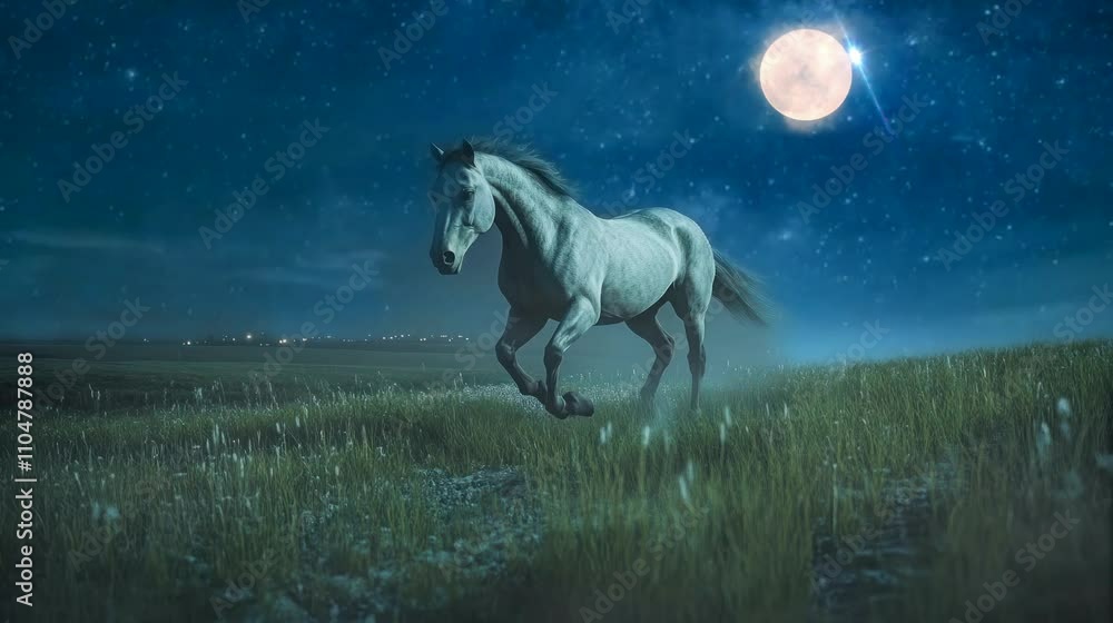 a horse running in the meadow on a beautiful full moon night. seamless looping time-lapse virtual 4k video Animation Background. a horse running in the meadow on a beautiful full moon night. seamless looping time-lapse virtual 4k video Animation Background.