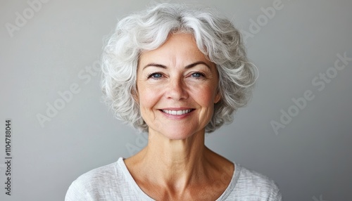 Elderly woman with short curly white hair and blue eyes smiling warmly in casual light gray attire