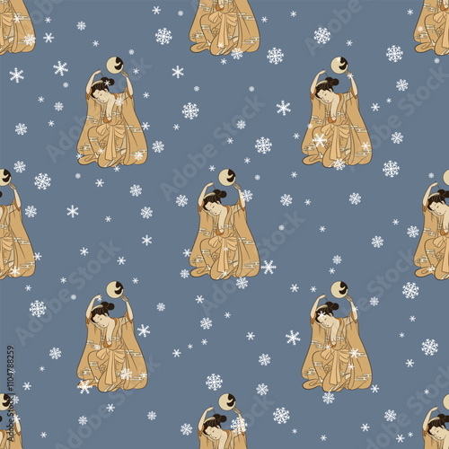 Seamless seasonal Christmas pattern with beautiful Japanese women and snowflakes. Ethnic winter design. On blue background.