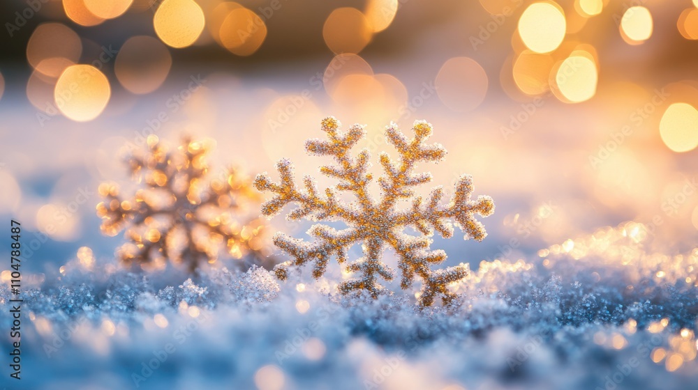 Golden snowflakes on sparkling snow with bokeh lights in the background. Golden snowflakes on sparkling snow with bokeh lights in the background.