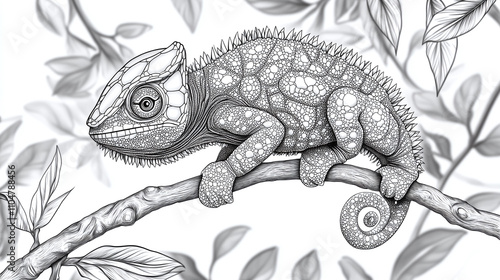 Intricate chameleon lizard coloring, detailed page book drawing, exotic animal wildlife reptile, creative doodle character, cartoon nature tropical. photo