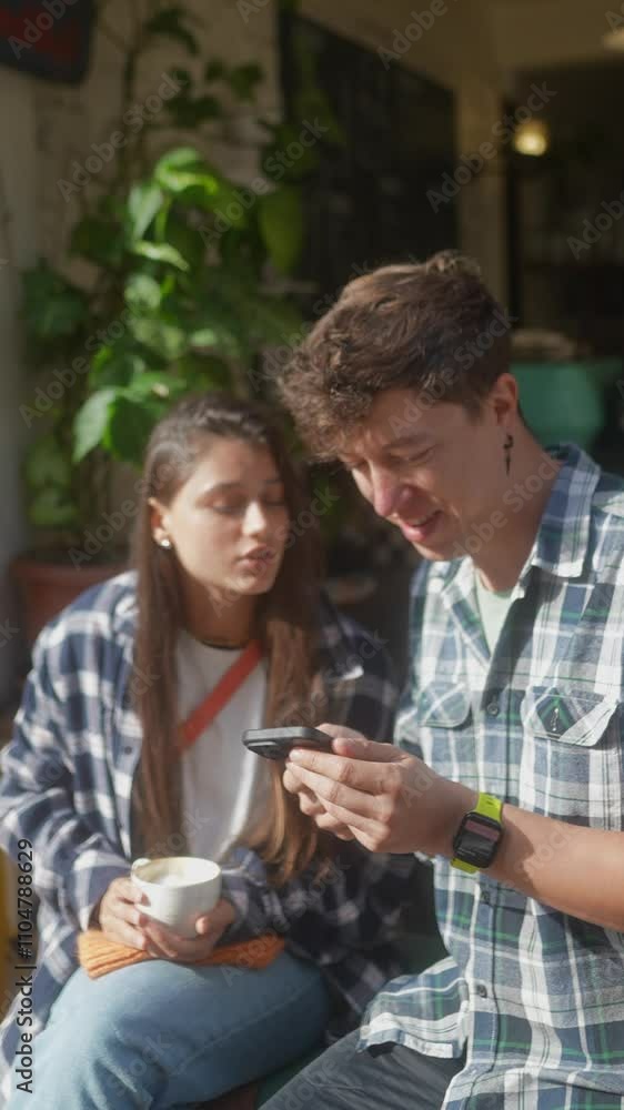 Young Couple Enjoying Coffee and Technology in a Cozy Caf Young Couple Enjoying Coffee and Technology in a Cozy Caf