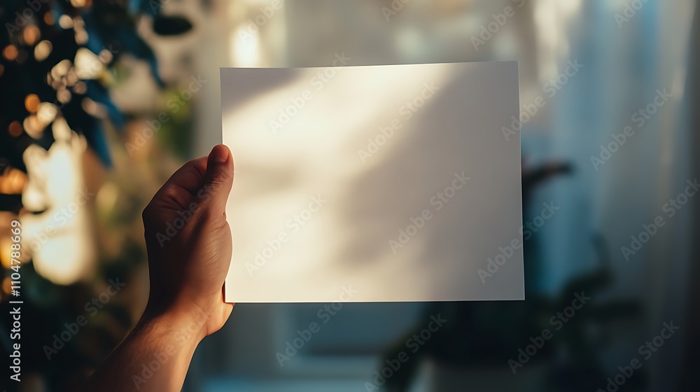 Close-up of a hand holding a blank sheet of paper, with soft natural lighting in the background Close-up of a hand holding a blank sheet of paper, with soft natural lighting in the background