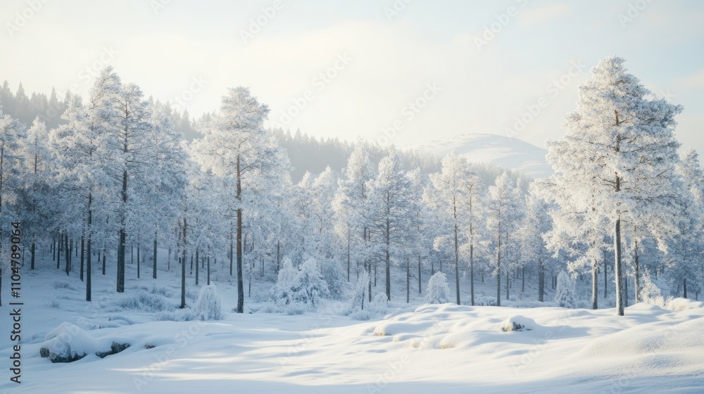 Snow-covered forest with frosted trees and soft light. Snow-covered forest with frosted trees and soft light.
