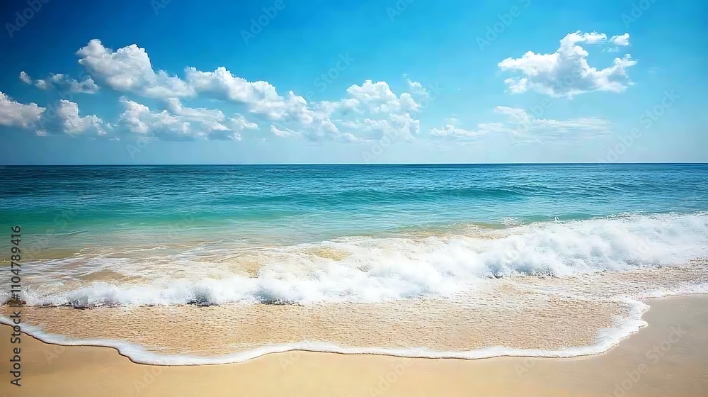 Fototapeta premium A pristine stretch of golden sand with gentle waves rolling in under a clear blue sky