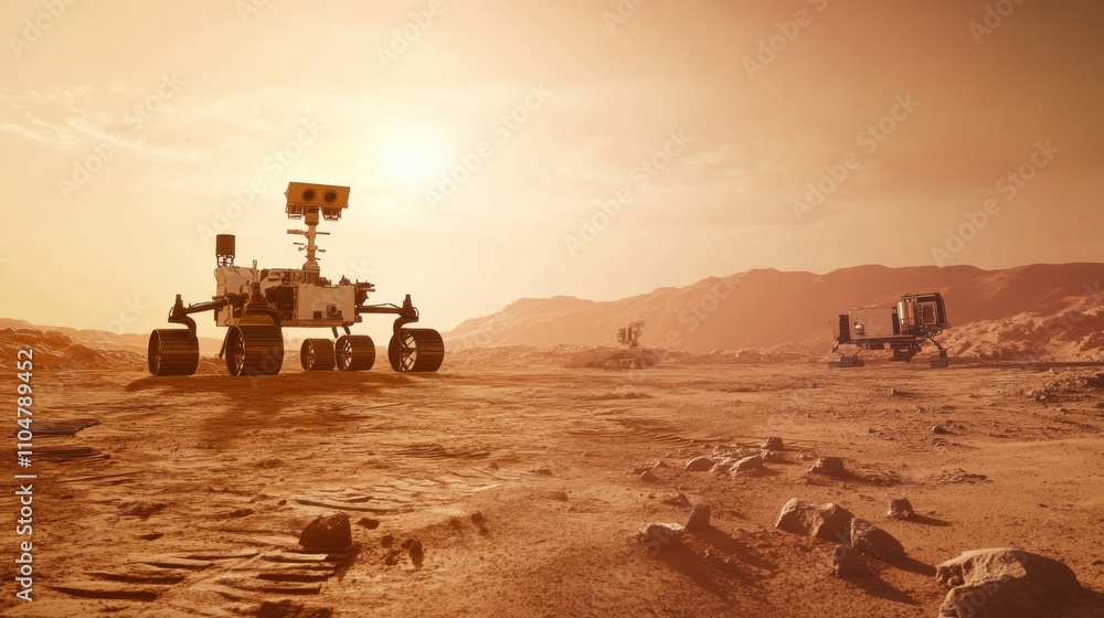 Fototapeta premium A robotic construction site on Mars, with autonomous rovers building habitats, Martian exploration style