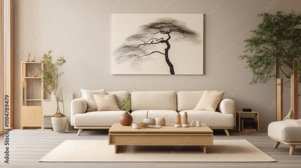Modern Japandi Living Room Interior with Cozy Beige Couch and Luxury Wooden Elements Modern Japandi Living Room Interior with Cozy Beige Couch and Luxury Wooden Elements