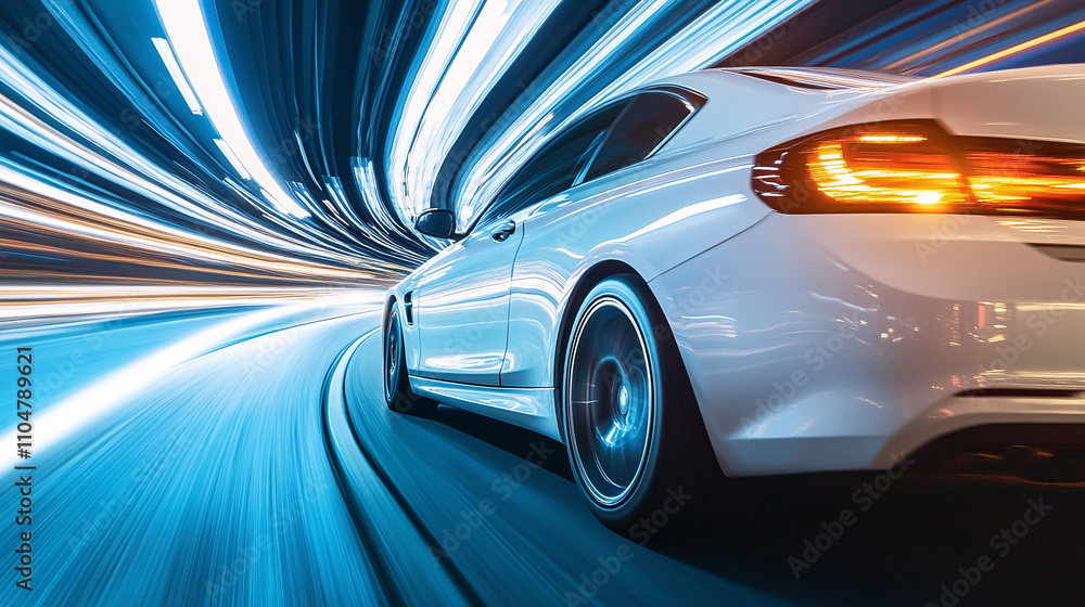 Tunnel with car speeding through, blurred motion creating abstract light trails, fast night traffic on illuminated road, blue tinted urban transportation scene. Tunnel with car speeding through, blurred motion creating abstract light trails, fast night traffic on illuminated road, blue tinted urban transportation scene.