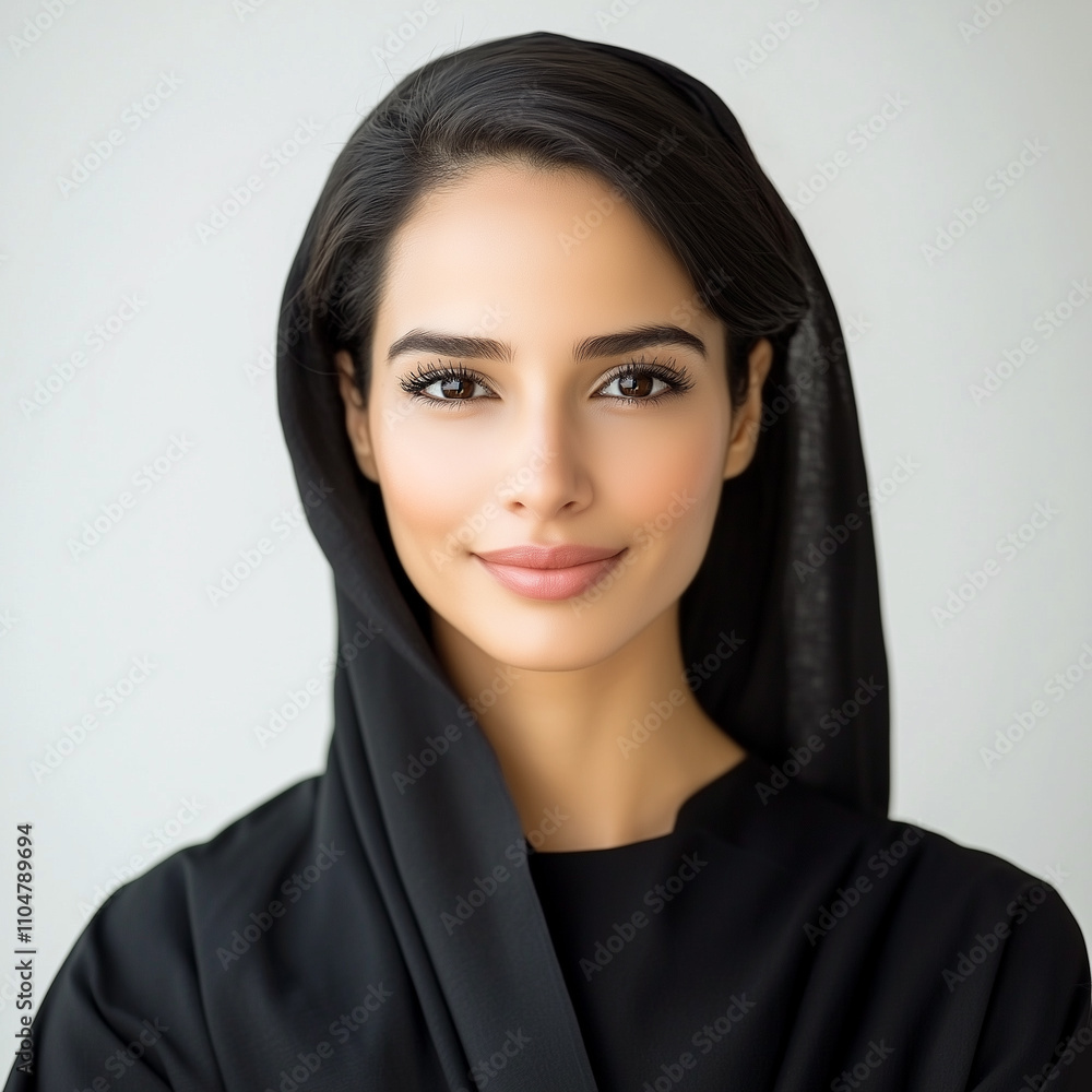 A close up portrait of a beautiful smiling young Muslim woman wearing a black hijab and a black top, isolated on a light gray background. A close up portrait of a beautiful smiling young Muslim woman wearing a black hijab and a black top, isolated on a light gray background.