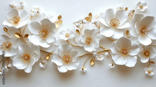 Elegant white flowers with gold accents on white background luxury floral design