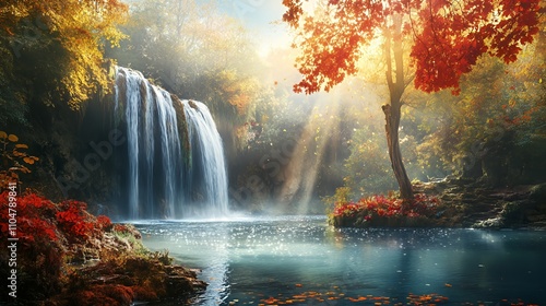 A serene waterfall surrounded by autumn foliage and a tranquil lake.