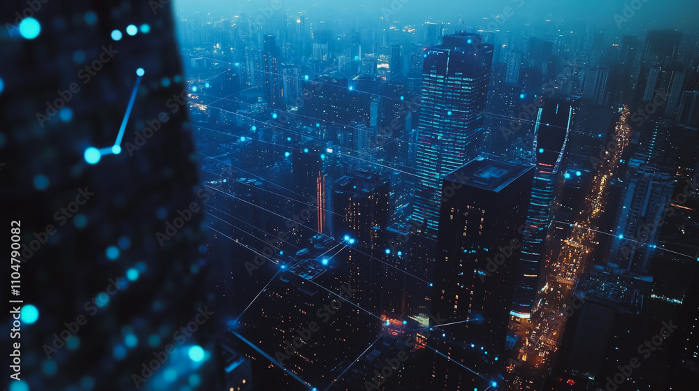 custom made wallpaper toronto digitalSmart digital city with connection cyber security network reciprocity over the twilight cityscape.future wireless digital city and social media networking systems that connects people within the city