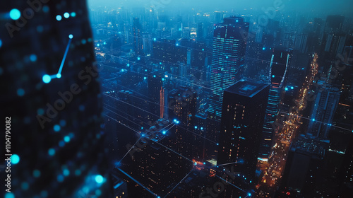 Wallpaper Mural Smart digital city with connection cyber security network reciprocity over the twilight cityscape.future wireless digital city and social media networking systems that connects people within the city Torontodigital.ca