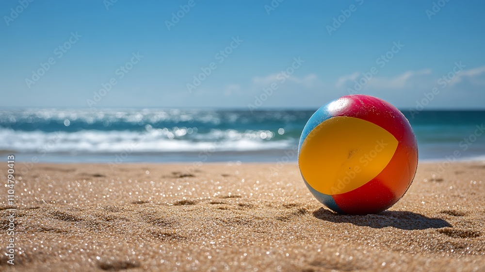 A colorful beach ball lying on the golden sand, with a background of clear blue skies and gentle waves A colorful beach ball lying on the golden sand, with a background of clear blue skies and gentle waves
