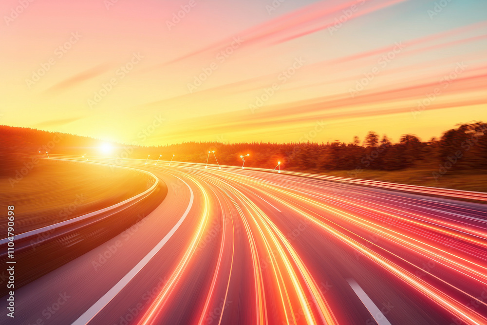 vibrant sunset with light trails on highway, symbolizing speed vibrant sunset with light trails on highway, symbolizing speed