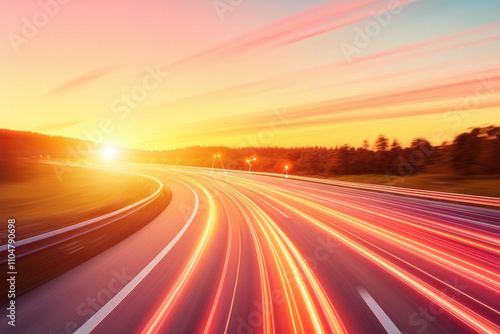 vibrant sunset with light trails on highway, symbolizing speed