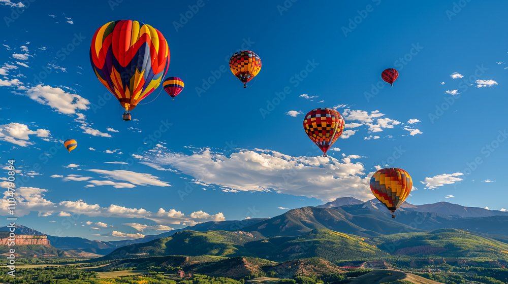 Obraz premium Colourful hot air balloons floating in the blue sky during a summer festival, capturing the essence of adventure and travel.