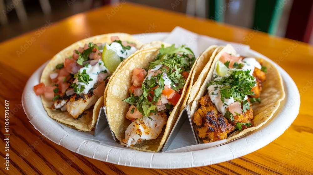 Culinary Delight: Close-up of Grilled Fish Tacos with Crispy Tortillas and Fresh Toppings on a Plate Culinary Delight: Close-up of Grilled Fish Tacos with Crispy Tortillas and Fresh Toppings on a Plate