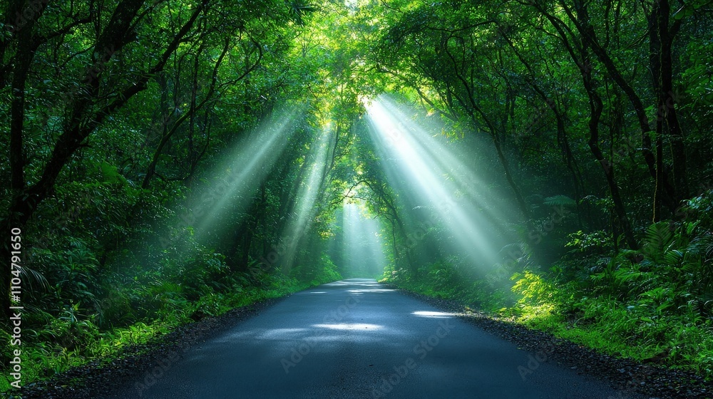 Obraz premium Sunbeams Through Lush Forest Road Serene Nature Landscape