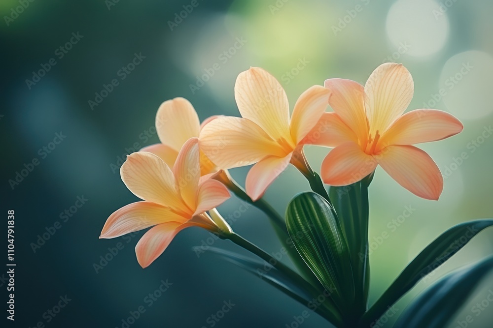 Naklejka premium Three delicate orange flowers with green leaves in a soft, blurred background.