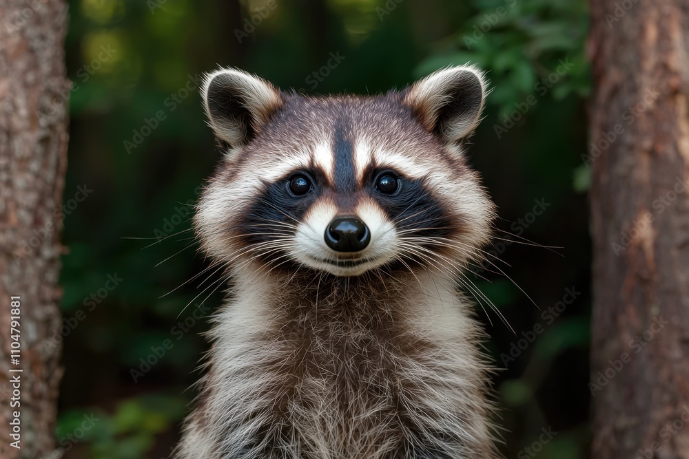 Raccoon with striking facial markings in a forest setting Raccoon with striking facial markings in a forest setting