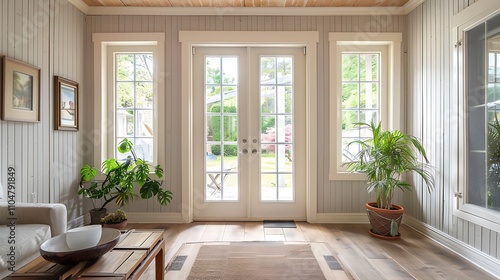 Sunroom with white French doors, wooden walls, light grey paneling, cream window frames, plants, coffee table near entrance, front door view.