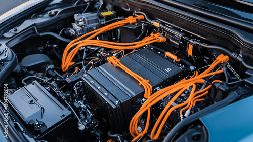 High-tech car battery with orange cables, symbolizing innovation in energy storage.