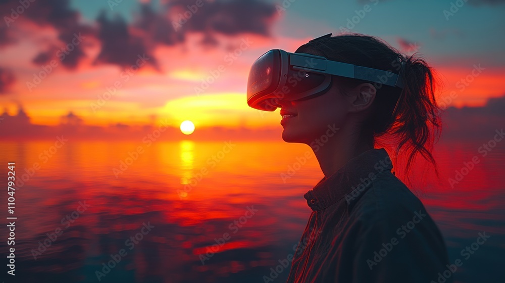 Fototapeta premium Young woman wearing VR headset looking at sunset over water.