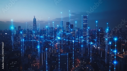 Wallpaper Mural Smart digital city with connection cyber security network reciprocity over the twilight cityscape.future wireless digital city and social media networking systems that connects people within the city Torontodigital.ca