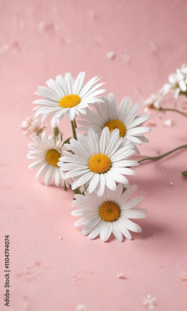 Obraz premium Delicate white daisies decorating a soft pink surface, holiday, event