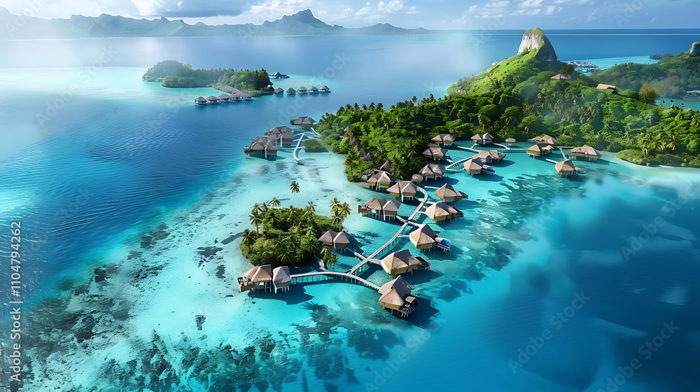 Fototapeta premium Breathtaking aerial views of Bora Bora's turquoise lagoon and green islands. Overwater bungalows dot the crystal clear waters. created with Generative AI technology