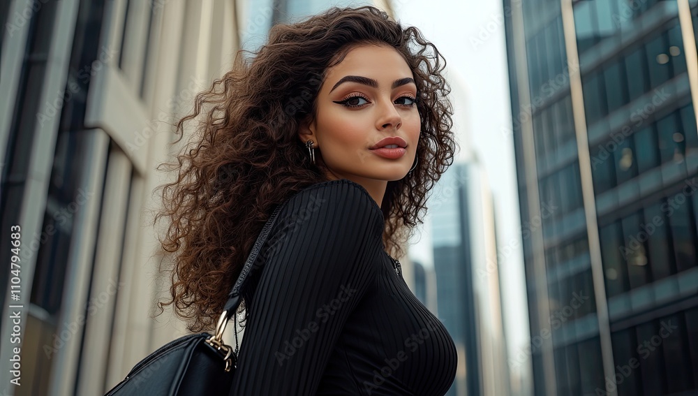 an attractive woman with curly brown hair, wearing a black shirt and pants, standing outside and holding her handbag an attractive woman with curly brown hair, wearing a black shirt and pants, standing outside and holding her handbag
